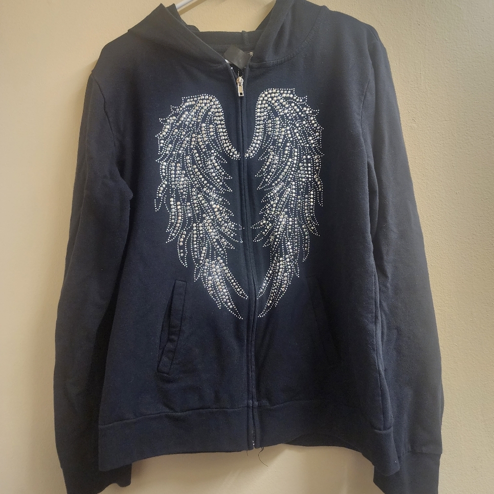 LOS ANGELES BUS STOP BLACK ZIP UP HOODIE WITH STUDDED ANGEL WINGS SIZE 3X